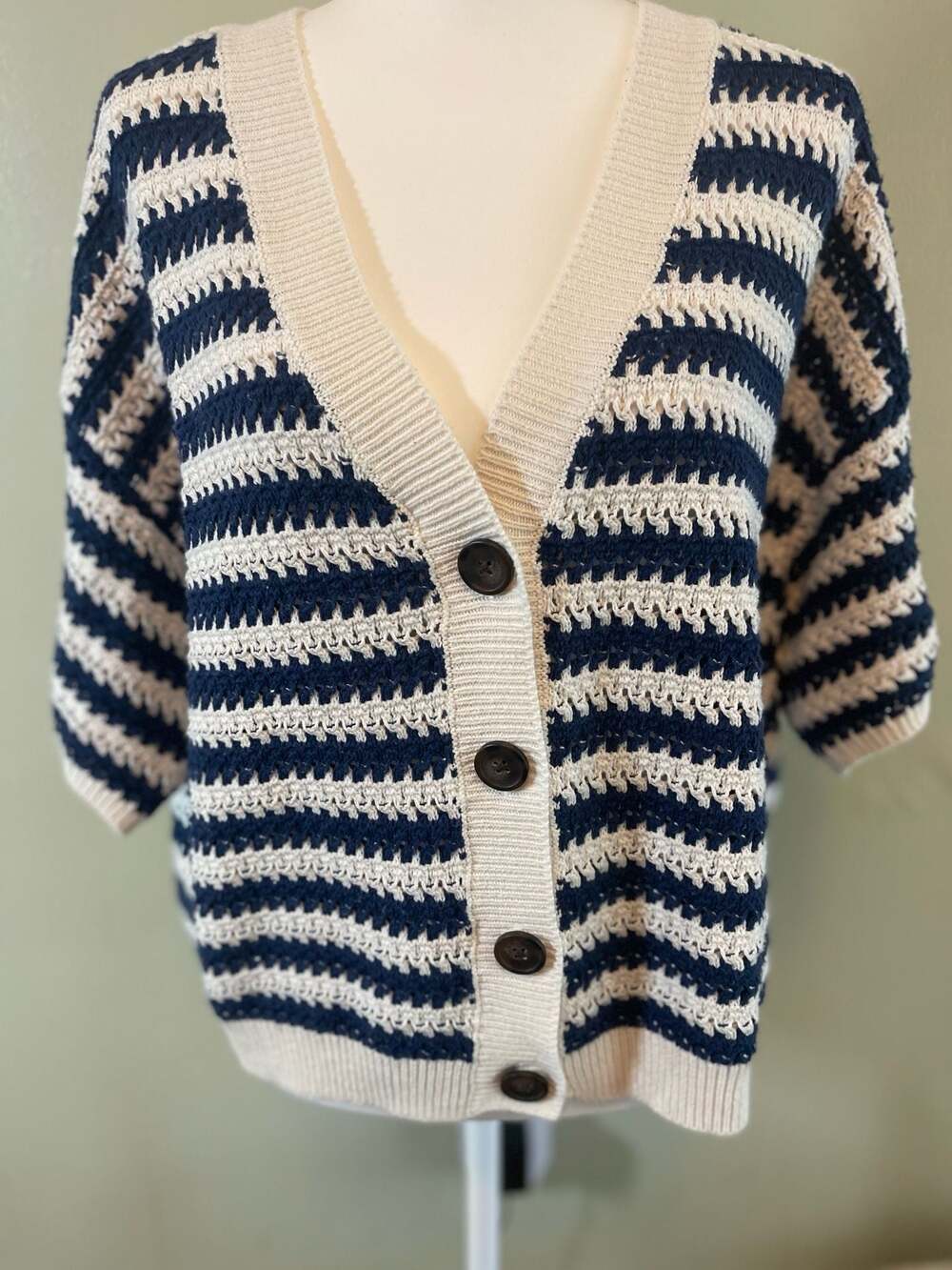 Crochet Cardigan, Retro, Short Sleeves, Layering, Capsule Wardrobe, Sz. XL.
